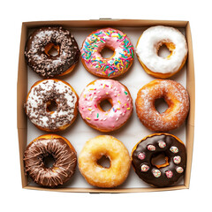 Assorted donuts with colorful icing and toppings in a box, isolated on white transparent background. Concept of sweet bakery treat