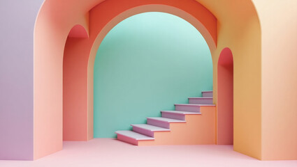 Abstract 3D room with set of steps. Pastel stairs . Minimal wall scene for mockup product display. 3d rendered scene render realistic. AI