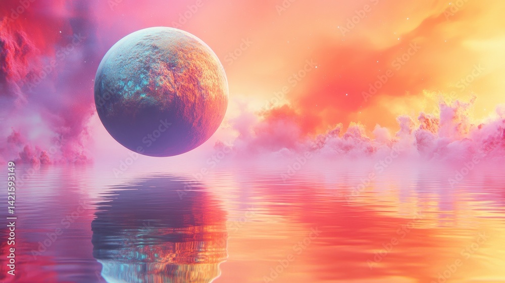 Poster colorful sunset over a tranquil lake reflecting a stunning celestial object and vibrant clouds in a 