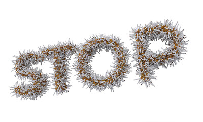 STOP text made up of hundreds of cigarettes, trying to quit smoking - 3D rendering, transparent background