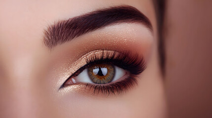 Obraz premium Eye of Beauty: Captivating close-up showcases the eye adorned with a golden eyeshadow and meticulously applied makeup. Highlighting the elegance of aesthetic beauty.