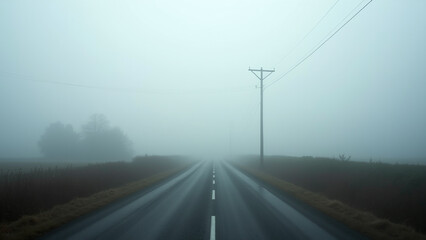 Road with Center Lines and Telephone Poles in Fog