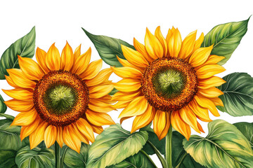 Naklejka premium Two stunning sunflowers in full bloom against a dramatic dark backdrop