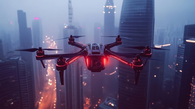 A futuristic cityscape with a drone taking flight amidst towering skyscrapers