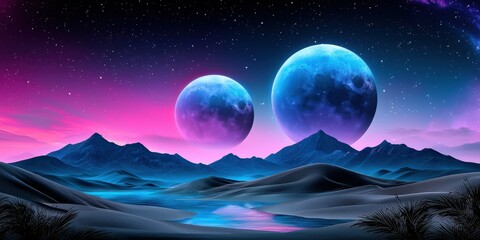 Stunning view of two moons over a vibrant desert landscape at twilight.