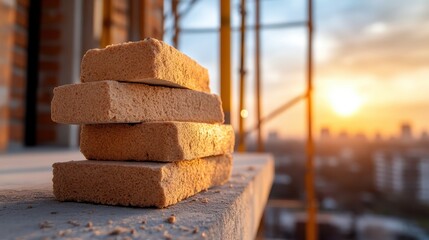 A close-up image of stacked construction bricks on a worksite during the golden hour, with the warm sunlight casting long shadows and emphasizing hard work and construction efforts.