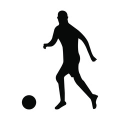 A black vector illustration depicts a running soccer player silhouette kicking a football in a sports action