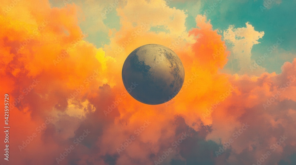 Poster colorful sunset over a tranquil lake reflecting a stunning celestial object and vibrant clouds in a 
