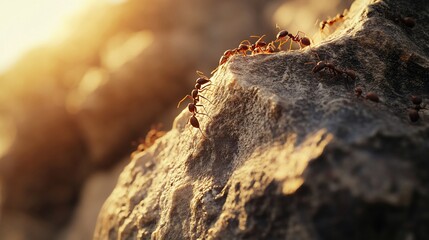 Ants colony crawling over the rock with dramatic sun light nature