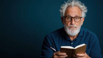 An elderly man is depicted with a thoughtful expression, holding an open book closely, showcasing the importance of wisdom, learning, and knowledge in one's golden years.