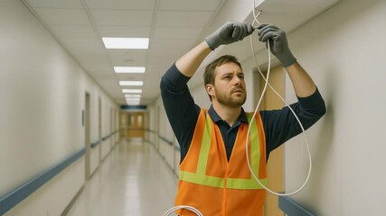 Electrical maintenance technician performing repairs in hospital corridor professional environment
