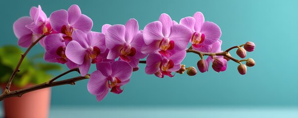 Fototapeta premium Beautiful pink orchid flowers in bloom with green background and soft natural lighting