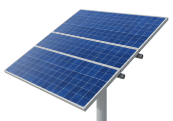 Modern solar panel with blue photovoltaic cells isolated on white background, representing clean and renewable energy for eco-friendly power solutions.

