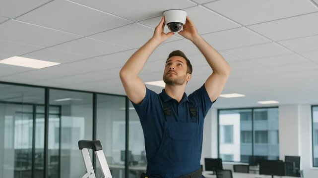 Installing security camera by technician in modern office environment for enhanced safety