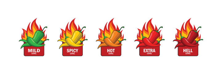 Spicy chili pepper strength level labels. Chili peppers indicator spicy,   mild, medium, hot and hell. Vector stock illustration.