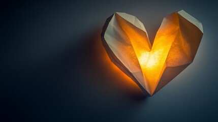 Illuminated Origami Heart Casting a Soft Glow Against a Dark Wall Backdrop