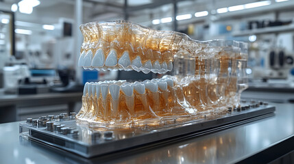 Digital dental model displayed in a sleek, high-tech lab environment, symbolizing AI-driven CAD/CAM advancements in dentistry