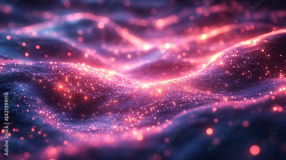 Poster abstract background with glowing particles and wavy surface design