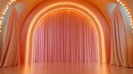 Fototapeta premium Peachy-pink backdrop with neon arches and drapes.