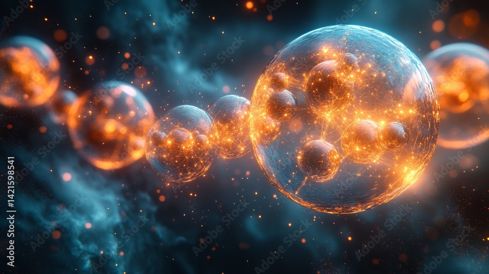 Poster abstract glowing spheres with interconnected network in cosmic dark space