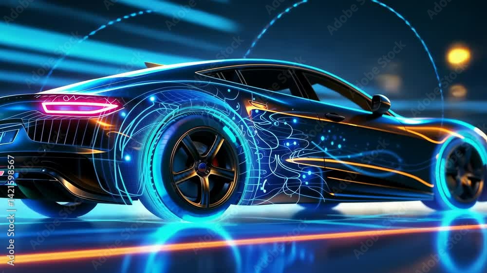 Poster this image features car with a futuristic design. the vehicle is rendered with digital aesthetic, ch