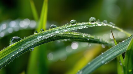 Close-up of dewdrops on blades of grass, blurred background emphasizing details and textures. Focusing on water droplets of all sizes, it showcases the beauty and tranquility of nature.