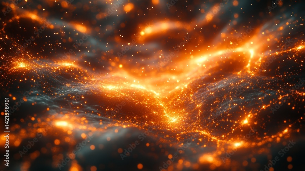 Poster abstract orange glowing network with light particles ideal for backgrounds