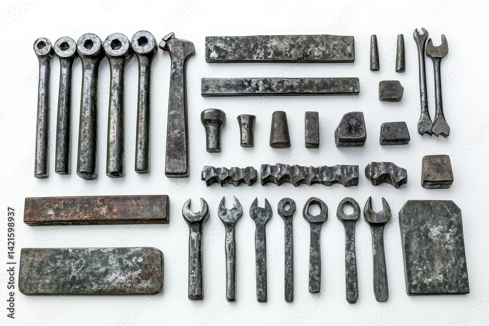 Poster various industrial metal parts and tools arranged on a wooden table in a workshop setting showcasing