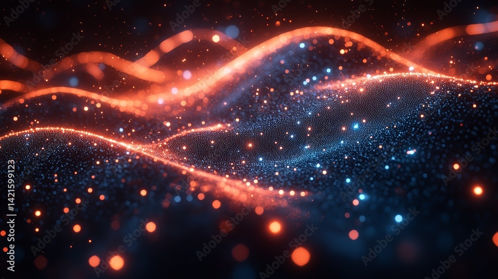 Poster Abstract technology background with glowing particles and waves effect