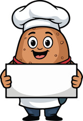Cartoon Chef Potato Character Holding a Blank Sign for Custom Text