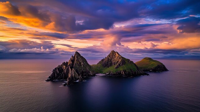 Aerial view of Skellig Michael island in Ireland surrounded by deep blue ocean glowing orange clouds under the setting sun, featuring sharp mountain peaks dramatic natural contrast in high definition