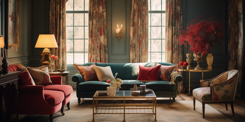 A warmly illuminated and richly decorated living room , featuring deep jewel tones.