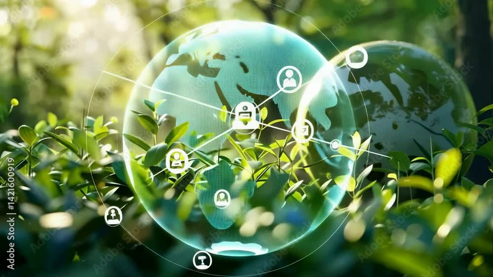 Poster A captivating image of a luminous, green sphere in lush foliage. Small tech icons float around it, symbolizing the intersection of nature and technology. A bright, hopeful atmosphere.
