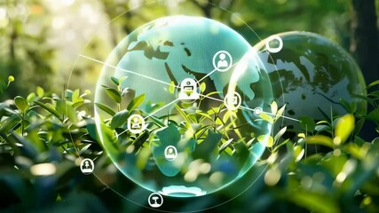 A captivating image of a luminous, green sphere in lush foliage. Small tech icons float around it, symbolizing the intersection of nature and technology. A bright, hopeful atmosphere. - Powered by Adobe