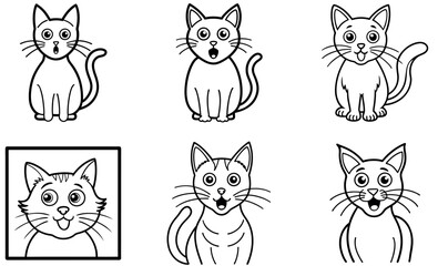 Surprised Cat Faces Vector Set – Hand Drawn Cute Kitty Expressions Outline Collection