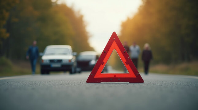 A close up of a red emergency triangle on the road in front of a car after an accident.