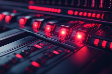 Futuristic control panel with glowing red lights.  Close-up view of a high-tech interface