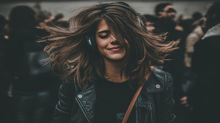Smiling young woman in headphones with closed eyes in a midst of a blurred motion of a bustling crowd of a big city. The young woman radiates happiness, headphones on in the city crowd.