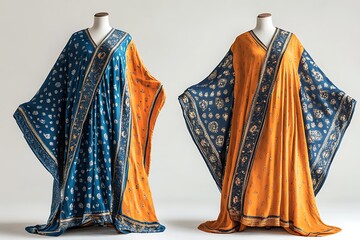Two long, patterned, draped kaftans on mannequins in a clean studio setting for fashion sales