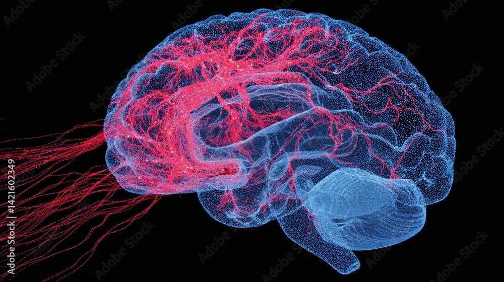 Poster conceptual brain illustration with neural network and blood vessels system