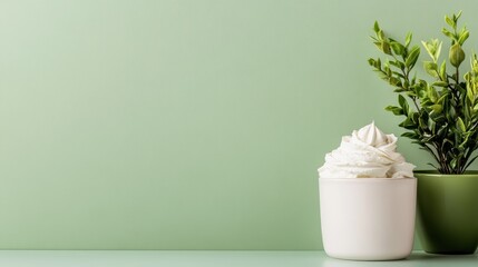 An elegant still life featuring whipped cream artfully displayed in a white cup alongside a lush green plant, set against a soft green background, highlighting simplicity and beauty.