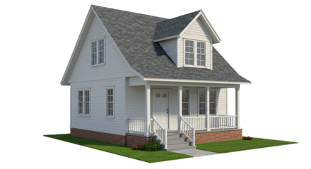  Cozy suburban house with a porch and gabled roof isolated on white background for real estate or architectural use