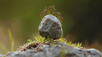 United Ant Colony Strategically Pushing a Rock with Teamwork and Determination