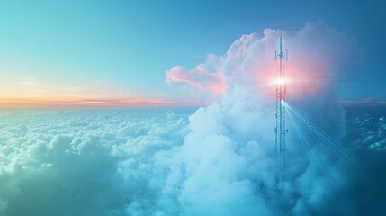 Telecommunication Tower Piercing Through the Cloudscape at Sunset