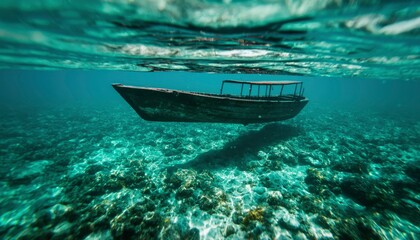 Fototapeta premium Wooden boat underwater reef