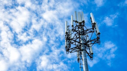 Cellular Communication Tower Against a Bright Blue Sky with Clouds