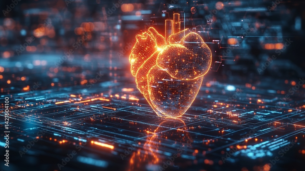 Poster digital heart futuristic technology concept glowing with circuit board design