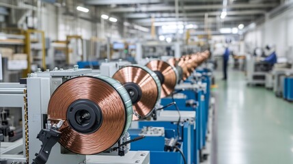 Copper Wire Spools in Modern Factory, Manufacturing Precision and Automation for Electrical Components and Cables Production
