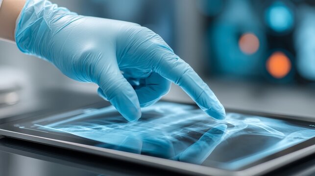 Doctor in blue gloves examines an X ray on a tablet for diagnosis
