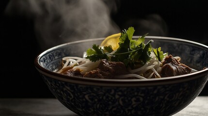 Authentic Vietnamese Pho with Steaming Broth and Fresh Herbs served in a Bowl